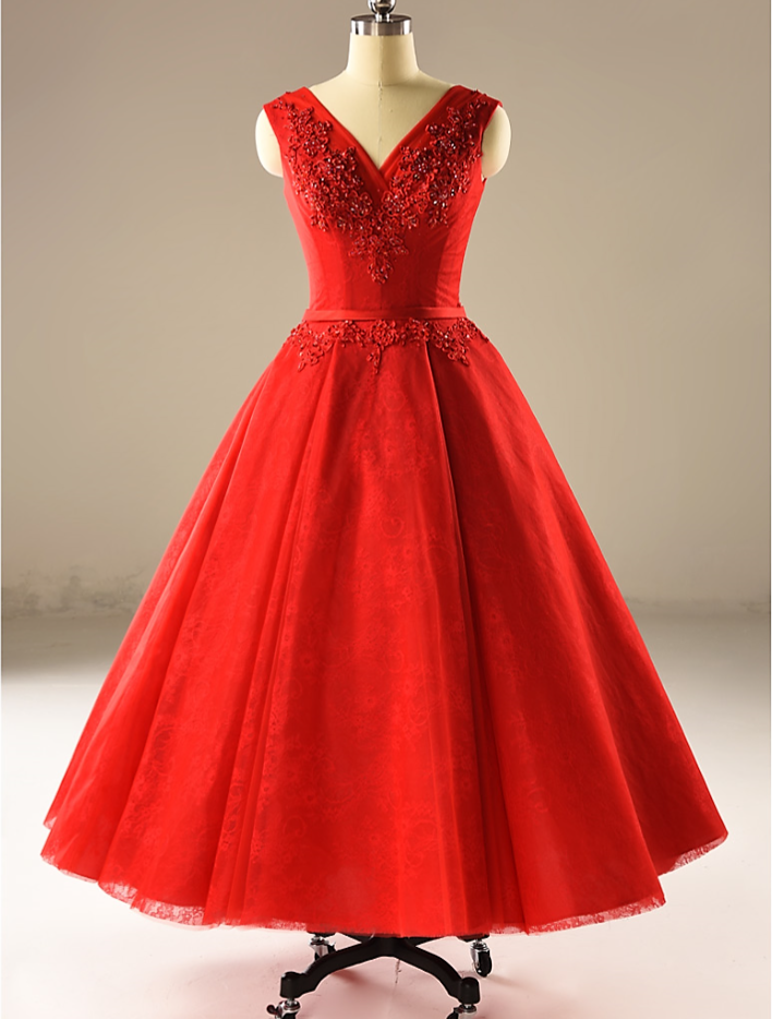 V-Neck A Line Red Wedding Dress Tea ...